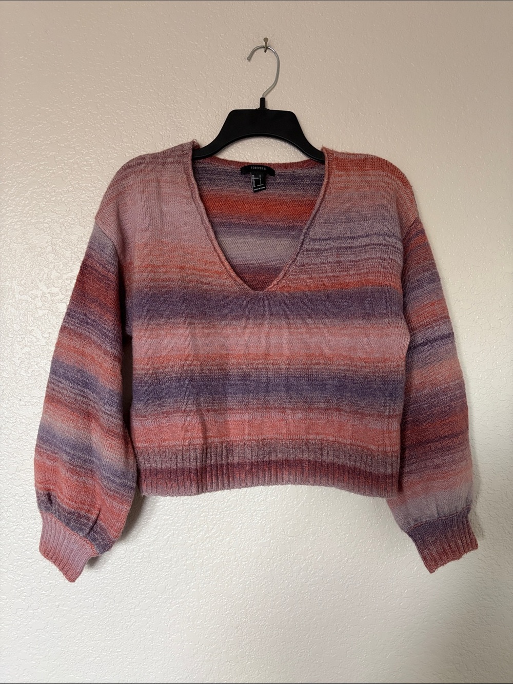 Forever 21 Striped V-Neck Cropped Sweater - Pink & Purple